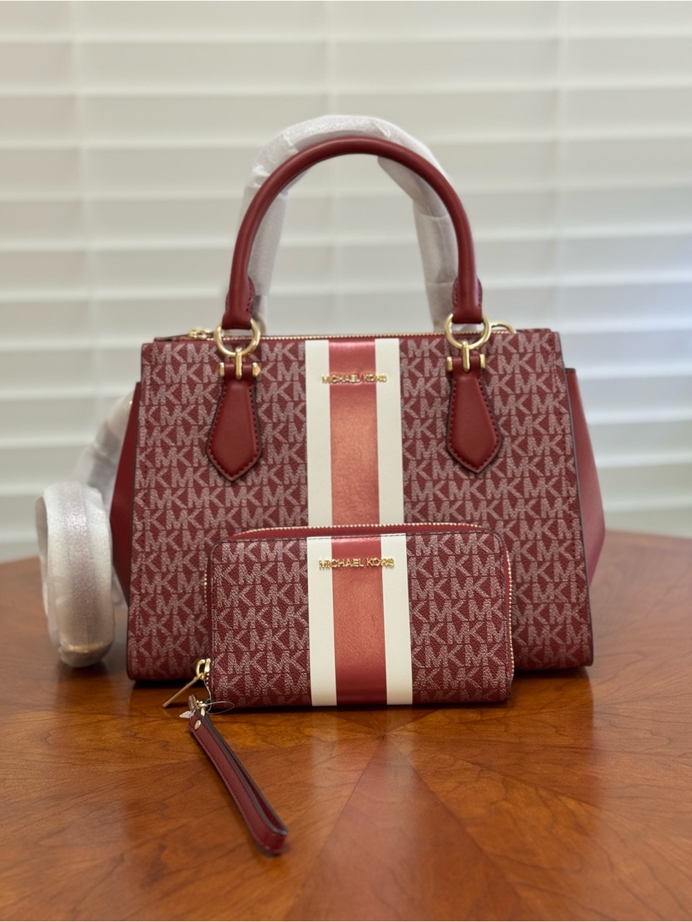 Michael Kors Red Burgundy Signature Satchel with Matching Wristlet